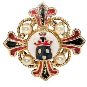 Vintage Signed Coro 2.25" Heraldic Red Navy Faux Pearl Maltese Cross Brooch